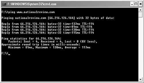 Using ping to test your connection to the Internet; note that the ping command specified the website, but the output also lists the site’s IP address.