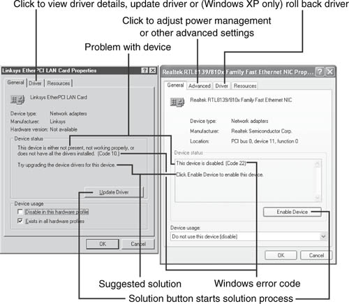 Using the Solution button to solve a network adapter problem in Windows 98 (left) and Windows XP (right).