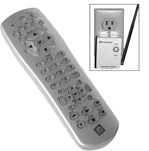 X10’s UR74A Universal Learning Remote control works with typical X10 RF transceivers (inset) and with most major brands of TV, VCR, and other home entertainment products.