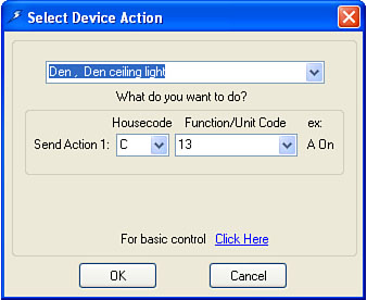Selecting a device and house/unit code combination to trigger a scene.