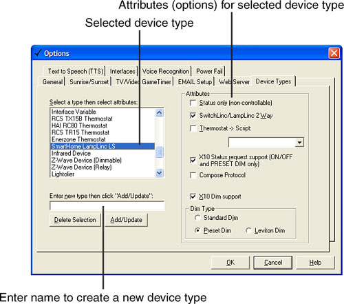 Selecting and configuring a type of X10 device.