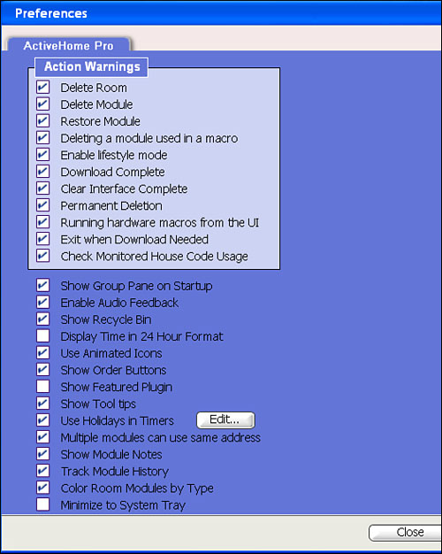 The ActiveHome Professional Preferences menu.