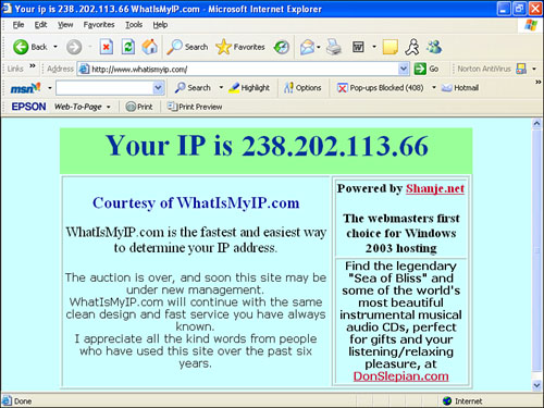 Open the WhatIsMyISP website from the computer running your web server to determine its current IP address.