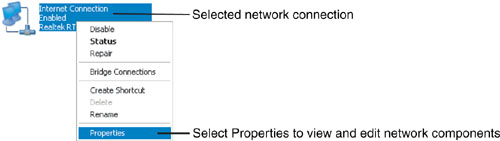 Selecting a network connection in Windows XP.