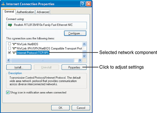 Selecting TCP/IP for configuration in Windows XP.