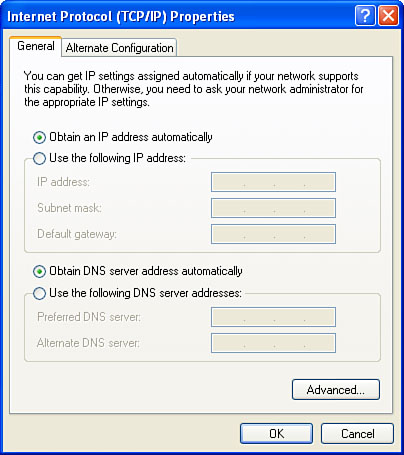 Windows XP TCP/IP connection using default server-assigned IP and DNS settings.
