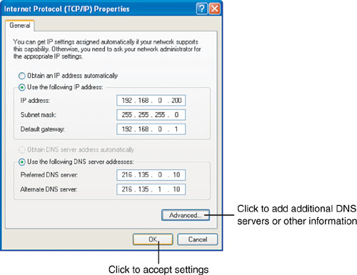 Configuring TCP/IP with user-assigned IP information in Windows XP.