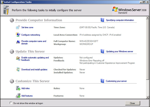 FIGURE 14.1. Initial Windows Server 2008 screen.