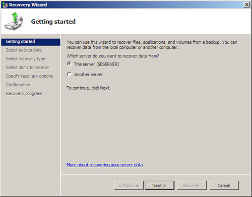 FIGURE 18.14. Recovery Wizard’s Getting Started screen.