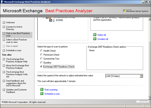 The Exchange Best Practices Analyzer getting ready to perform a Readiness Check.