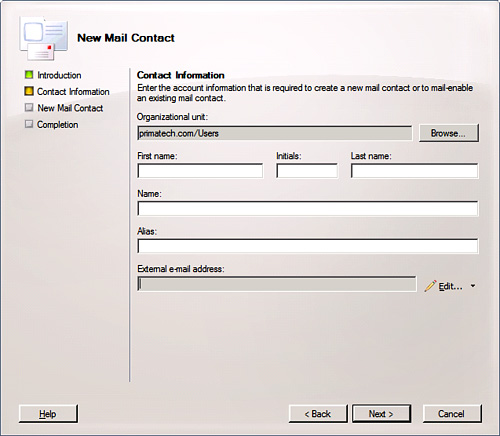 Creating a new contact mailbox.