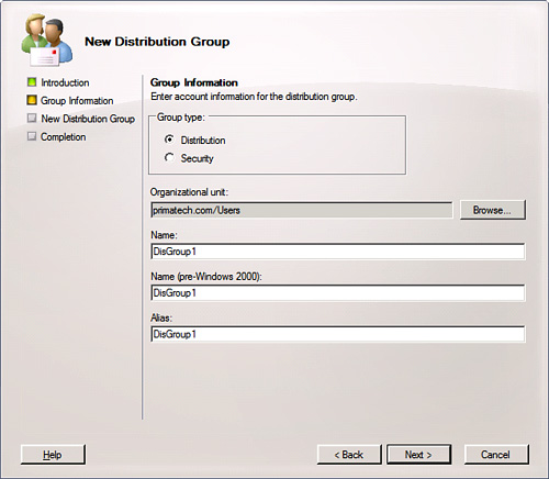 The Group Information screen when creating a new distribution group.
