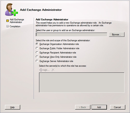 The Add Exchange Administrator Wizard.