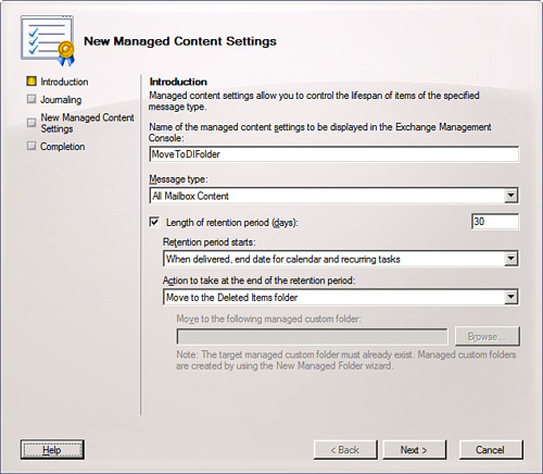 The New Managed Content Settings Introduction screen.