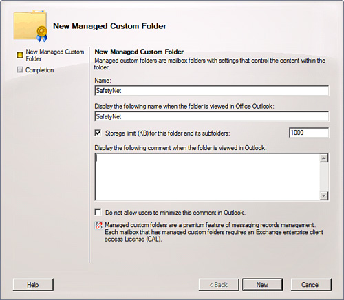 The New Managed Custom Folder screen.