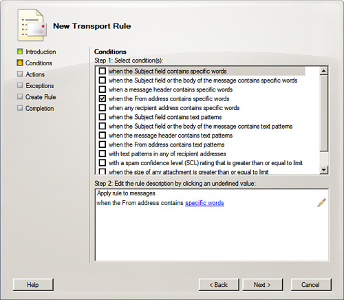 The Conditions screen for the transport rule.