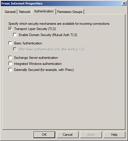 The Authentication tab for Receive connector properties.
