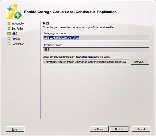 The Enable Storage Group Local Continuous Replication dialog.