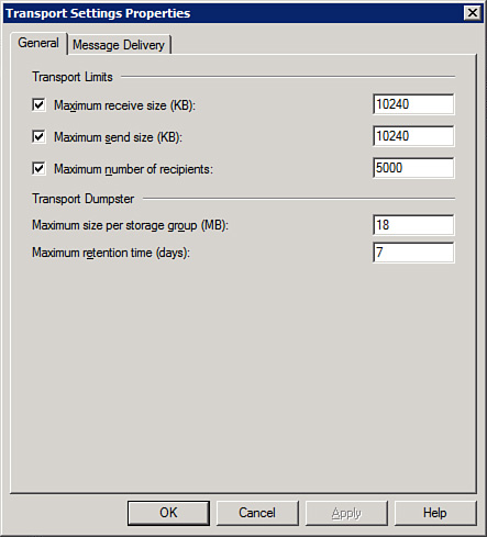 Altering transport dumpster settings for all Hub Transport servers within the organization.