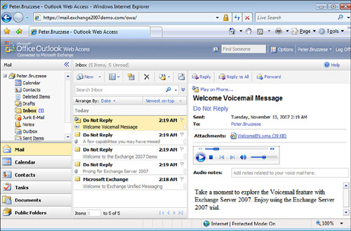 Outlook Web Access and Voicemail Playback options.