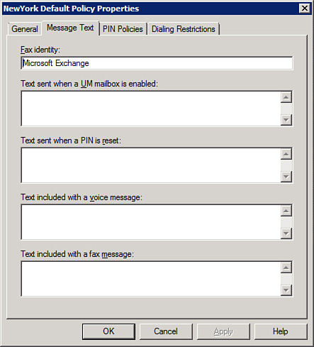 The Message Text tab for the UM mailbox policy.