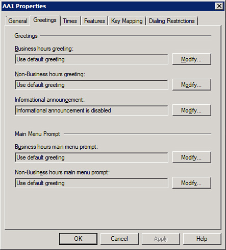 The Greetings tab from the Auto Attendant properties.