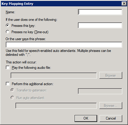 The Key Mapping Entry options from the Auto Attendant properties.