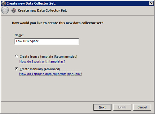 Creating a Data Collector Set to monitor performance counters on disk space.