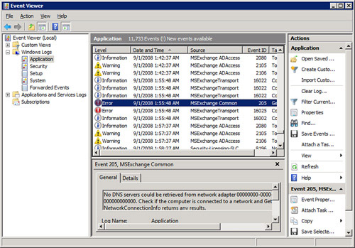 Using the Event Viewer to monitor Exchange events.