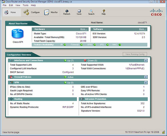 Cisco router and Security Device Manager (SDM).