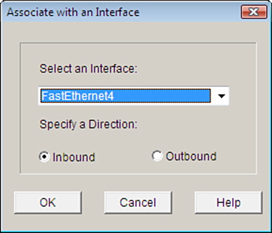 Associating an ACL to an interface in the Cisco SDM.