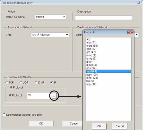 Protocol window in the Add an Extended Rule Entry window of the Cisco SDM.