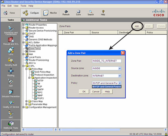 Creating a zone pair and assigning a policy map in Cisco SDM.