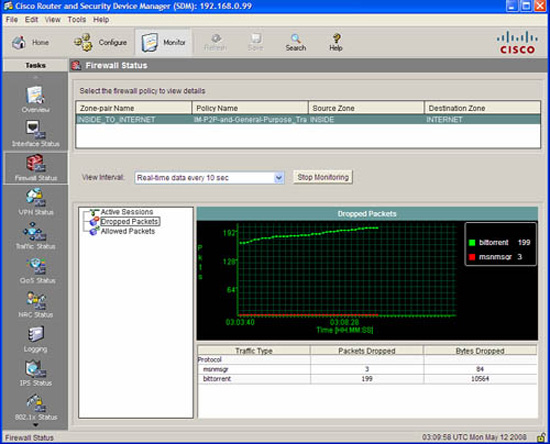 Monitoring the firewall status in Cisco SDM.