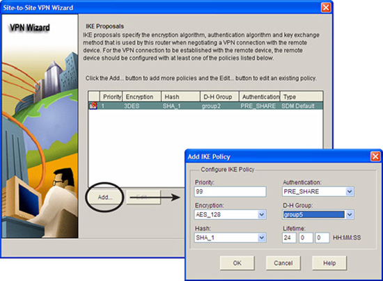 Step-by-Step VPN Wizard: Define IKE proposals.