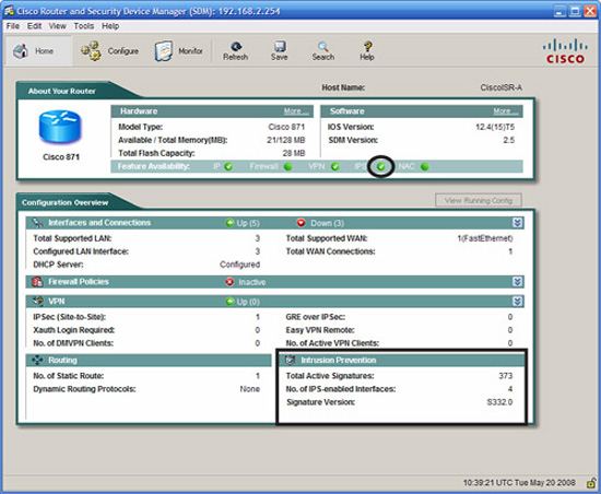 Cisco SDM home page showing IPS active.