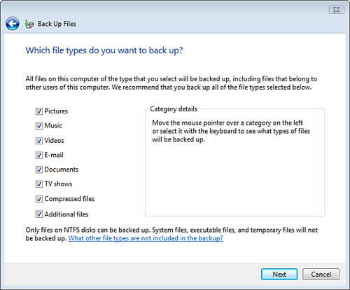 Select which types of files you want to back up.
