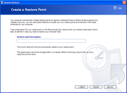 Creating a restore point in Windows XP.