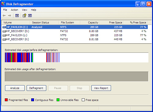Using Disk Defragmenter in Windows XP.