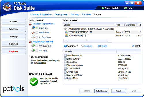 Scanning a hard disk with PC Tools Disk Suite.