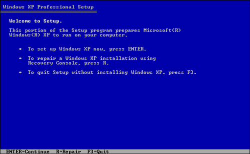 Starting a clean installation of Windows XP.