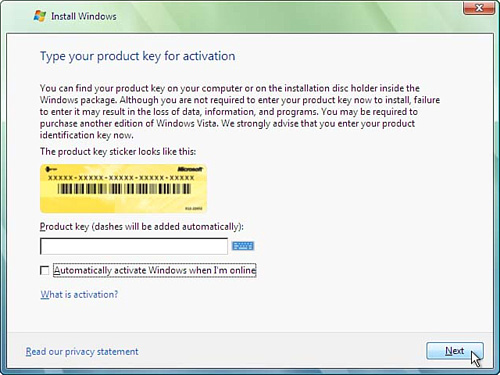 Entering the Windows Vista product key.