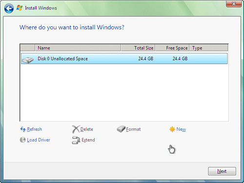 Selecting the hard drive to format and install Windows Vista.