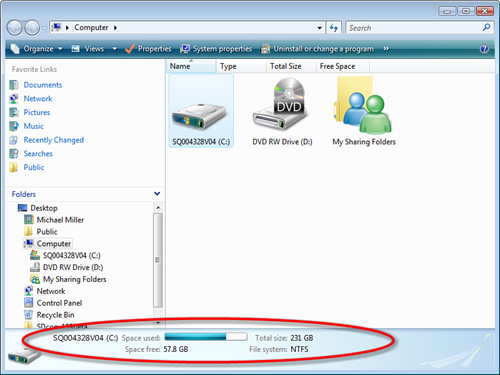 Viewing basic disk capacity in Windows Vista.