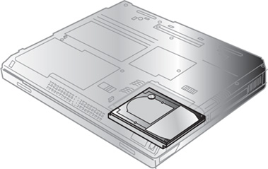 A hard disk compartment on the bottom of a notebook PC.