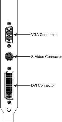 A video card with VGA, DVI, and S-video connectors.