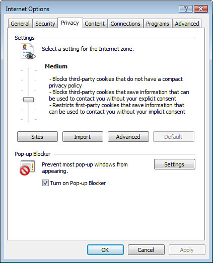 Configuring cookie and privacy options in Internet Explorer.