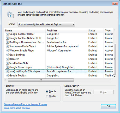 Managing add-ons in Internet Explorer 7.