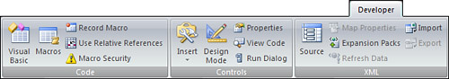 The Developer ribbon provides an interface for running and recording macros.