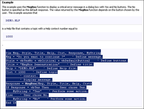 Highlight code in the help file and copy with Ctrl+C.